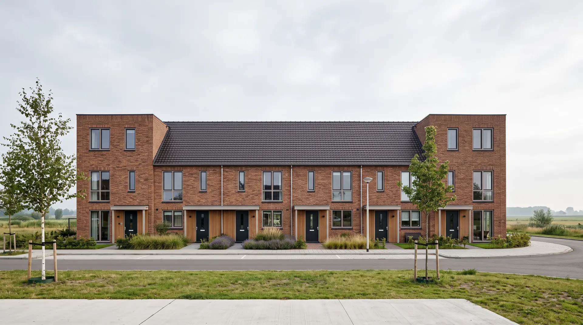 Een rij van zes bakstenen rijwoningen in een rustige nieuwbouwstraat onder zacht bewolkt licht