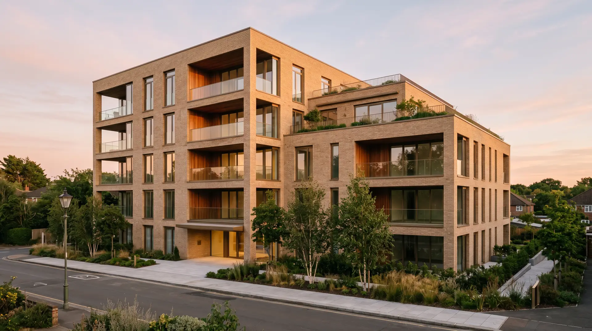 Het voltooide gebouw bij gouden uur met gloeiend interieur